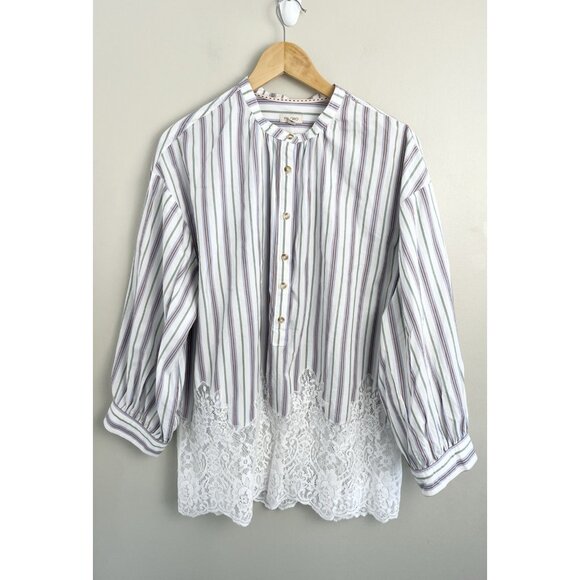 Pilcro Anthropologie Women’s Long Sleeve Button Up Striped Top Lace Sz Lg (flaw) - Picture 1 of 8